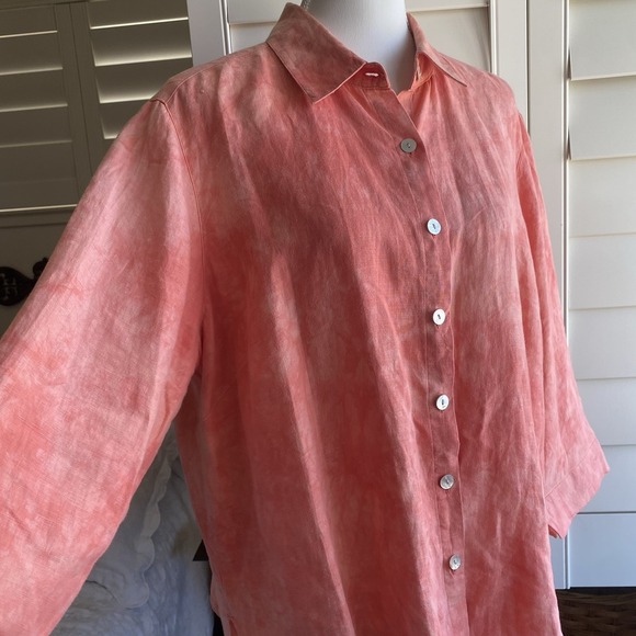 French Laundry Plus 1X‎ Linen top 3/4 sleeve button front collared  beachy Coral - Picture 3 of 8